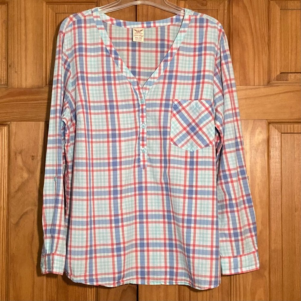 NWOT Faded Glory Vintage 90s Top Long Sleeve V Neck Plaid Pink Blue Size XXL 20